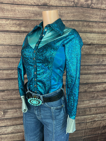 All The Blues Snap Front Rodeo Shirt with Yoke Fringe