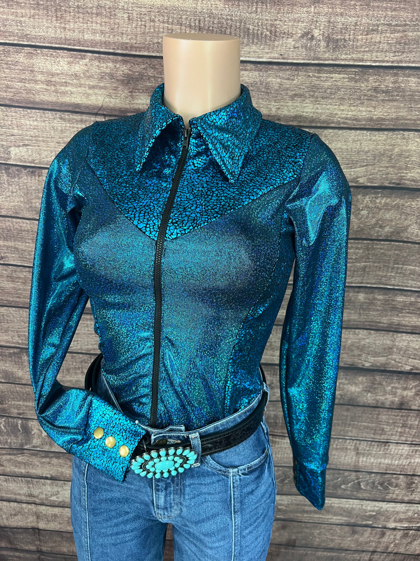 Ready To Ship Turquoise Sparkle Rodeo Shirt ( XS, S, L, XL)