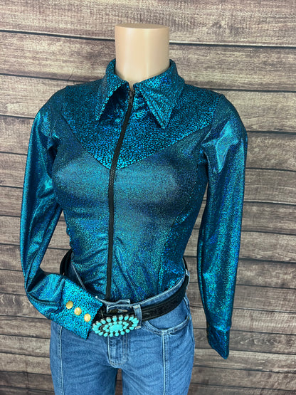 Ready To Ship Turquoise Sparkle Rodeo Shirt ( XS, S, L, XL)