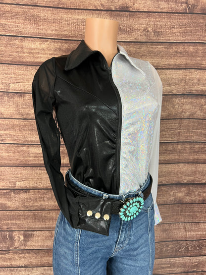 Split Decision Zipper Front Rodeo Shirt with Back Yoke Fringe and Mesh Sleeves