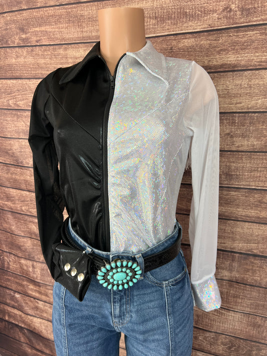 Split Decision Zipper Front Rodeo Shirt with Back Yoke Fringe and Mesh Sleeves