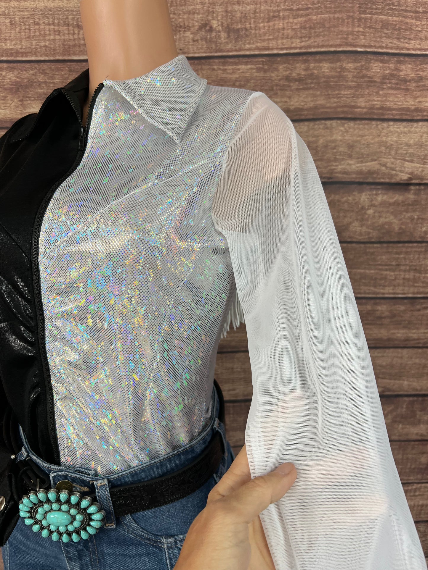 Split Decision Zipper Front Rodeo Shirt with Back Yoke Fringe and Mesh Sleeves
