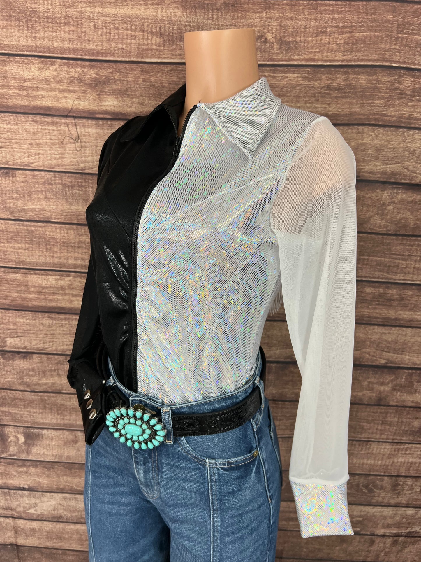 Split Decision Zipper Front Rodeo Shirt with Back Yoke Fringe and Mesh Sleeves