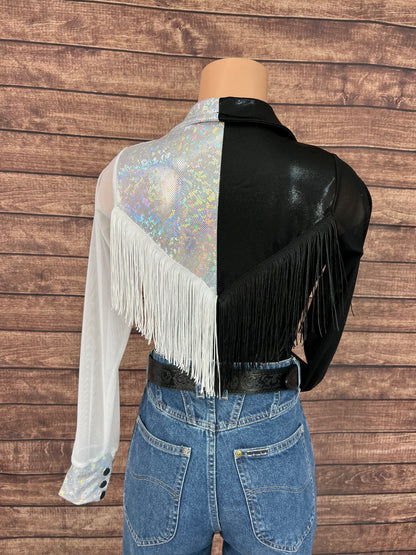Split Decision Zipper Front Rodeo Shirt with Back Yoke Fringe and Mesh Sleeves
