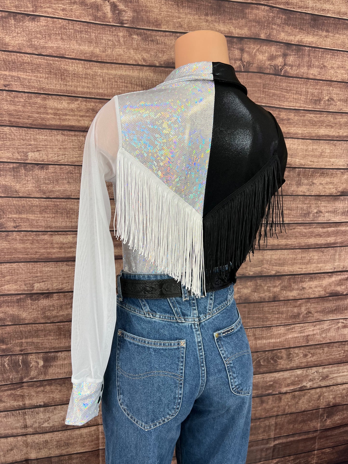 Split Decision Zipper Front Rodeo Shirt with Back Yoke Fringe and Mesh Sleeves