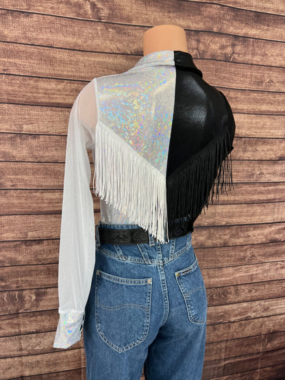 Split Decision Zipper Front Rodeo Shirt with Back Yoke Fringe and Mesh Sleeves