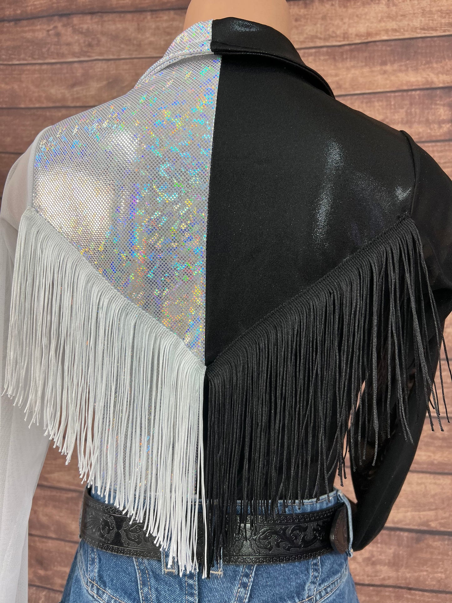 Split Decision Zipper Front Rodeo Shirt with Back Yoke Fringe and Mesh Sleeves