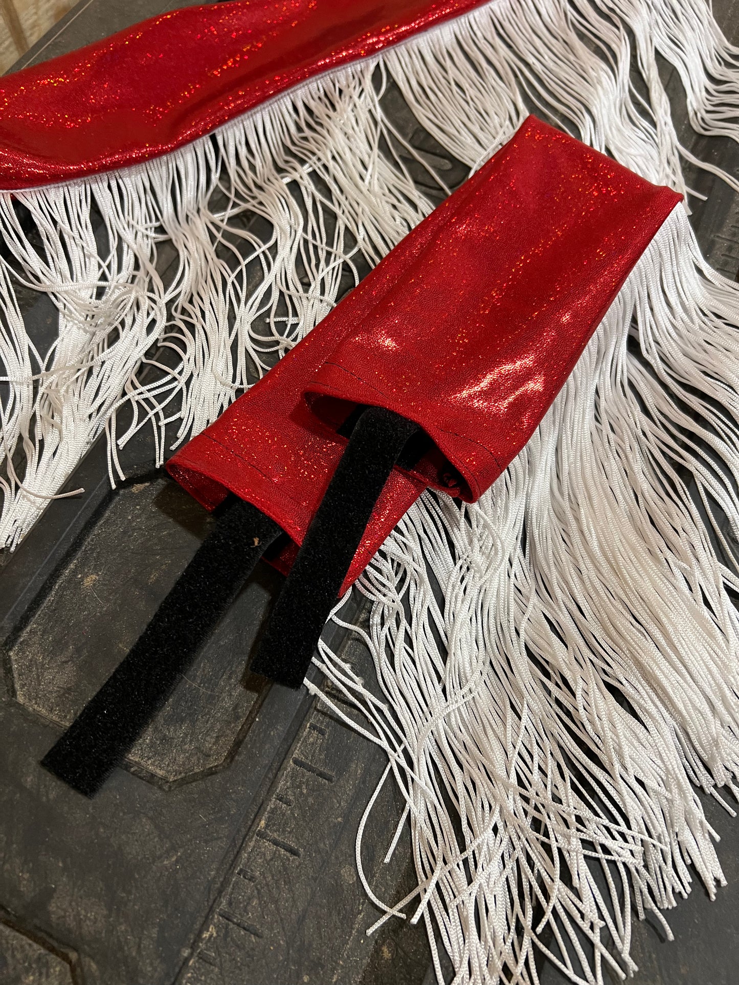 Red Sparkly Jewel Breast Collar Cover with White Chainette Fringe (Covers ONLY)