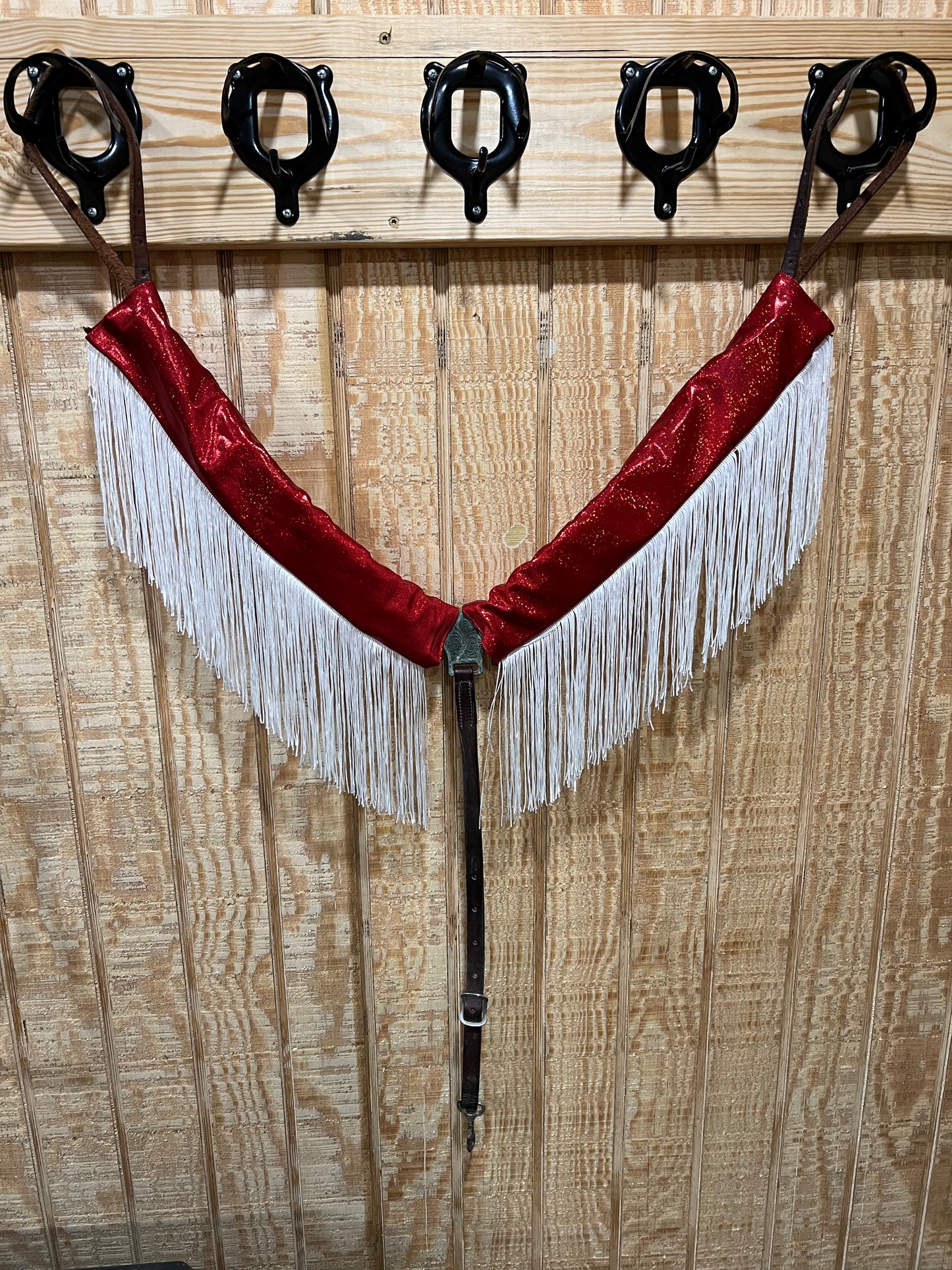 Red Sparkly Jewel Breast Collar Cover with White Chainette Fringe (Covers ONLY)