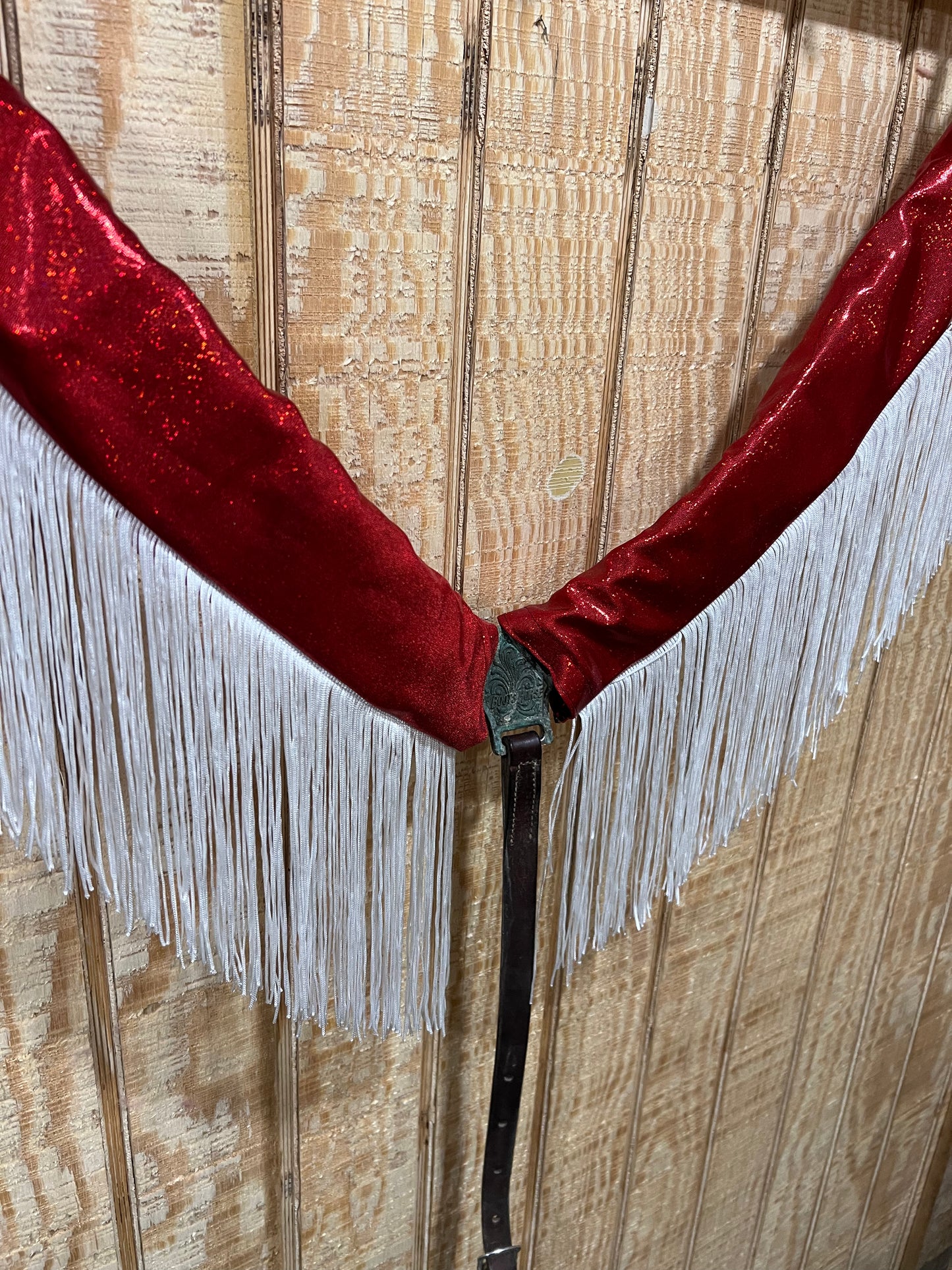 Red Sparkly Jewel Breast Collar Cover with White Chainette Fringe (Covers ONLY)