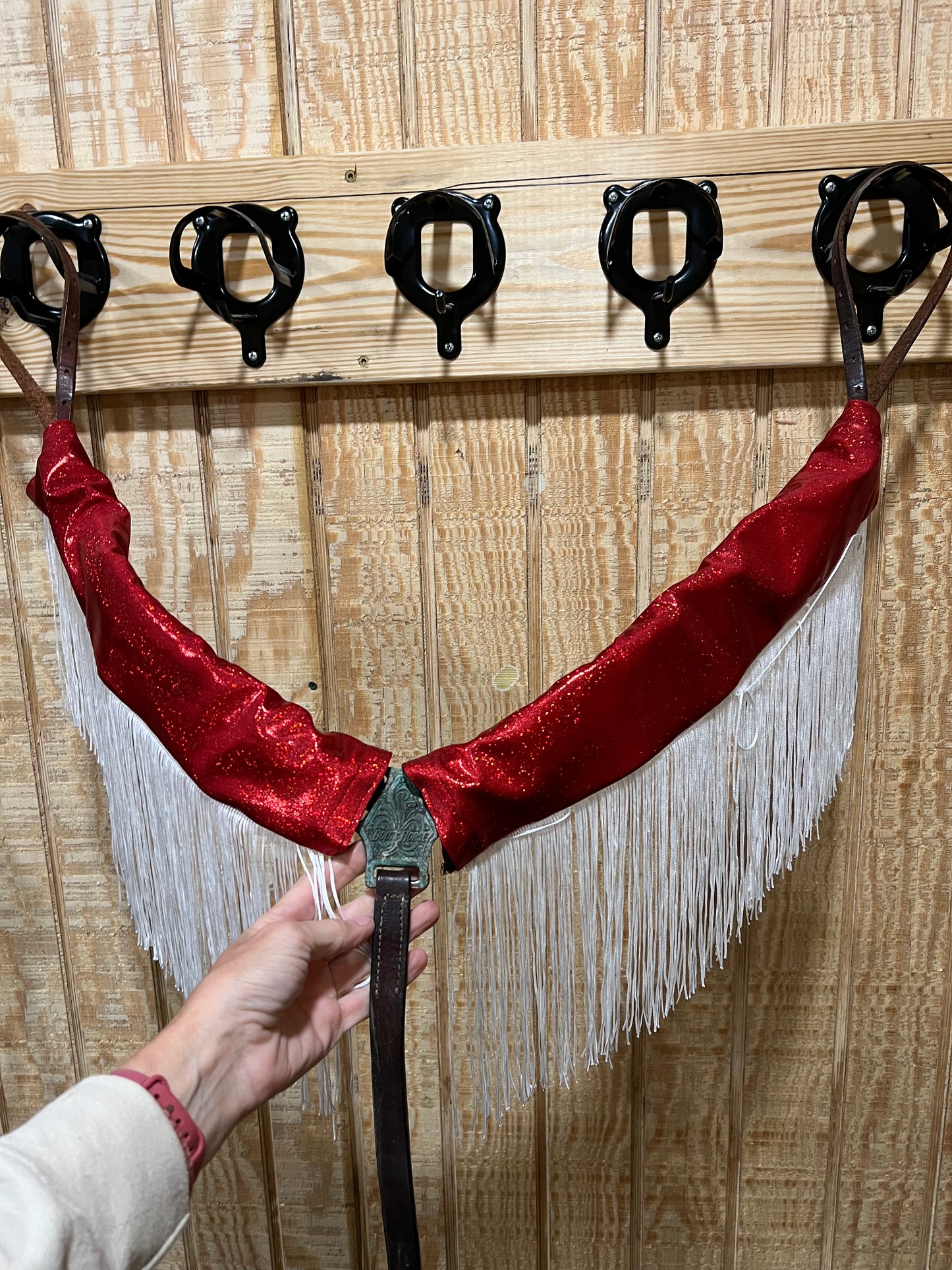 Red Sparkly Jewel Breast Collar Cover with White Chainette Fringe (Covers ONLY)