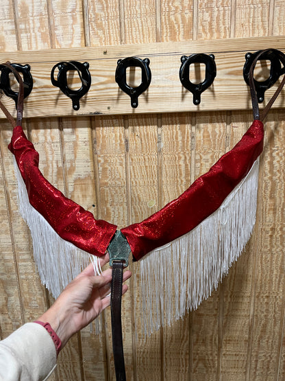Red Sparkly Jewel Breast Collar Cover with White Chainette Fringe (Covers ONLY)