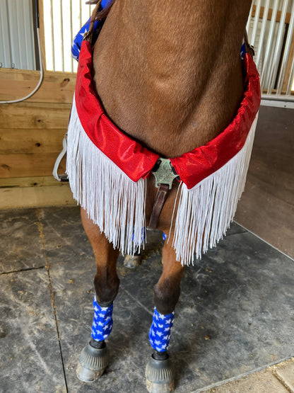 Red Sparkly Jewel Breast Collar Cover with White Chainette Fringe (Covers ONLY)