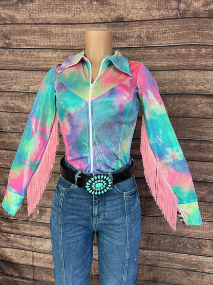 Spun Sugar Zipper Front Rodeo Shirt with Baby Pink Fringe