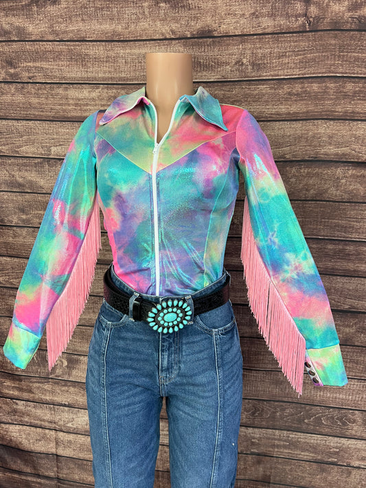 Spun Sugar Zipper Front Rodeo Shirt with Baby Pink Fringe