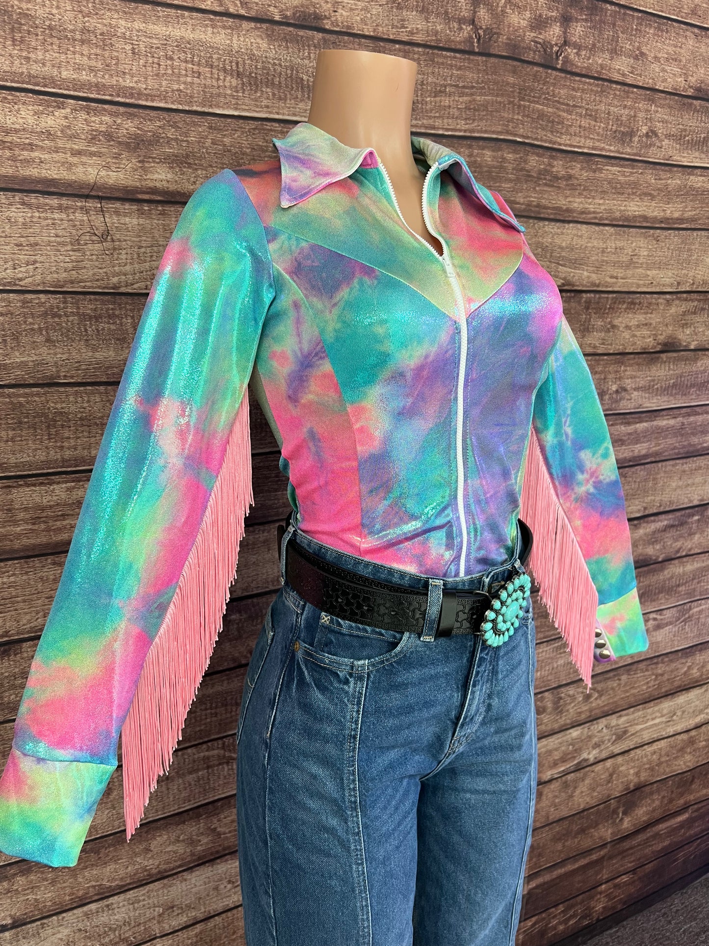 Spun Sugar Zipper Front Rodeo Shirt with Baby Pink Fringe