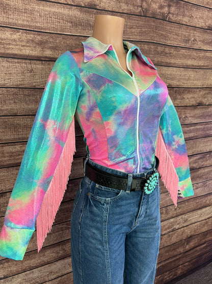 Spun Sugar Zipper Front Rodeo Shirt with Baby Pink Fringe