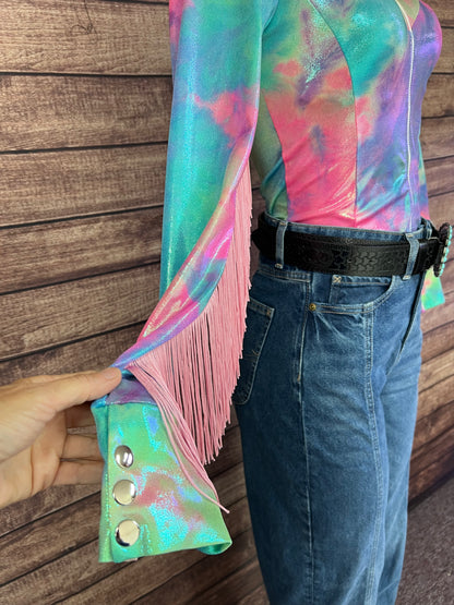 Spun Sugar Zipper Front Rodeo Shirt with Baby Pink Fringe