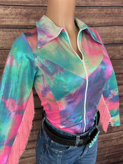 Spun Sugar Zipper Front Rodeo Shirt with Baby Pink Fringe