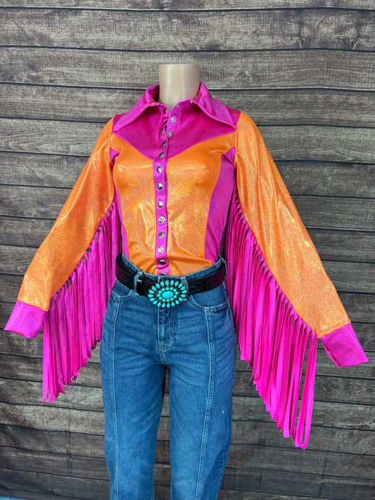 Neon Zinnia Snap Front Rodeo Shirt with Thunderbird Fringe