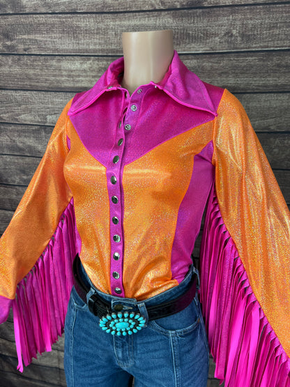 Neon Zinnia Snap Front Rodeo Shirt with Thunderbird Fringe