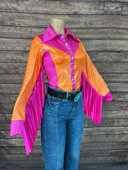 Neon Zinnia Snap Front Rodeo Shirt with Thunderbird Fringe