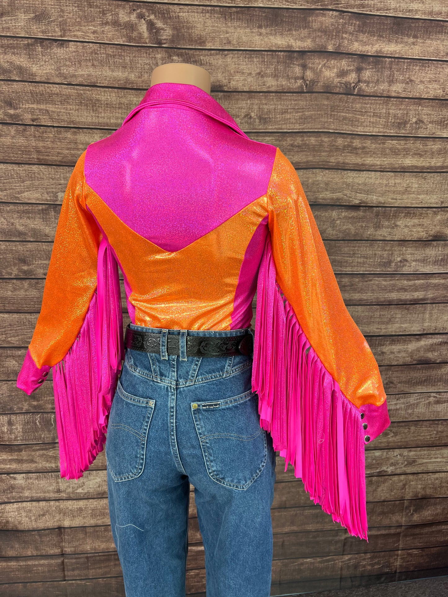 Neon Zinnia Snap Front Rodeo Shirt with Thunderbird Fringe