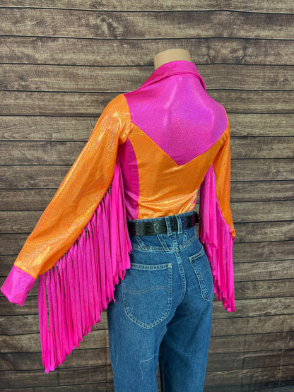 Neon Zinnia Snap Front Rodeo Shirt with Thunderbird Fringe