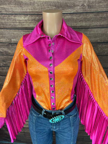 Neon Zinnia Snap Front Rodeo Shirt with Thunderbird Fringe
