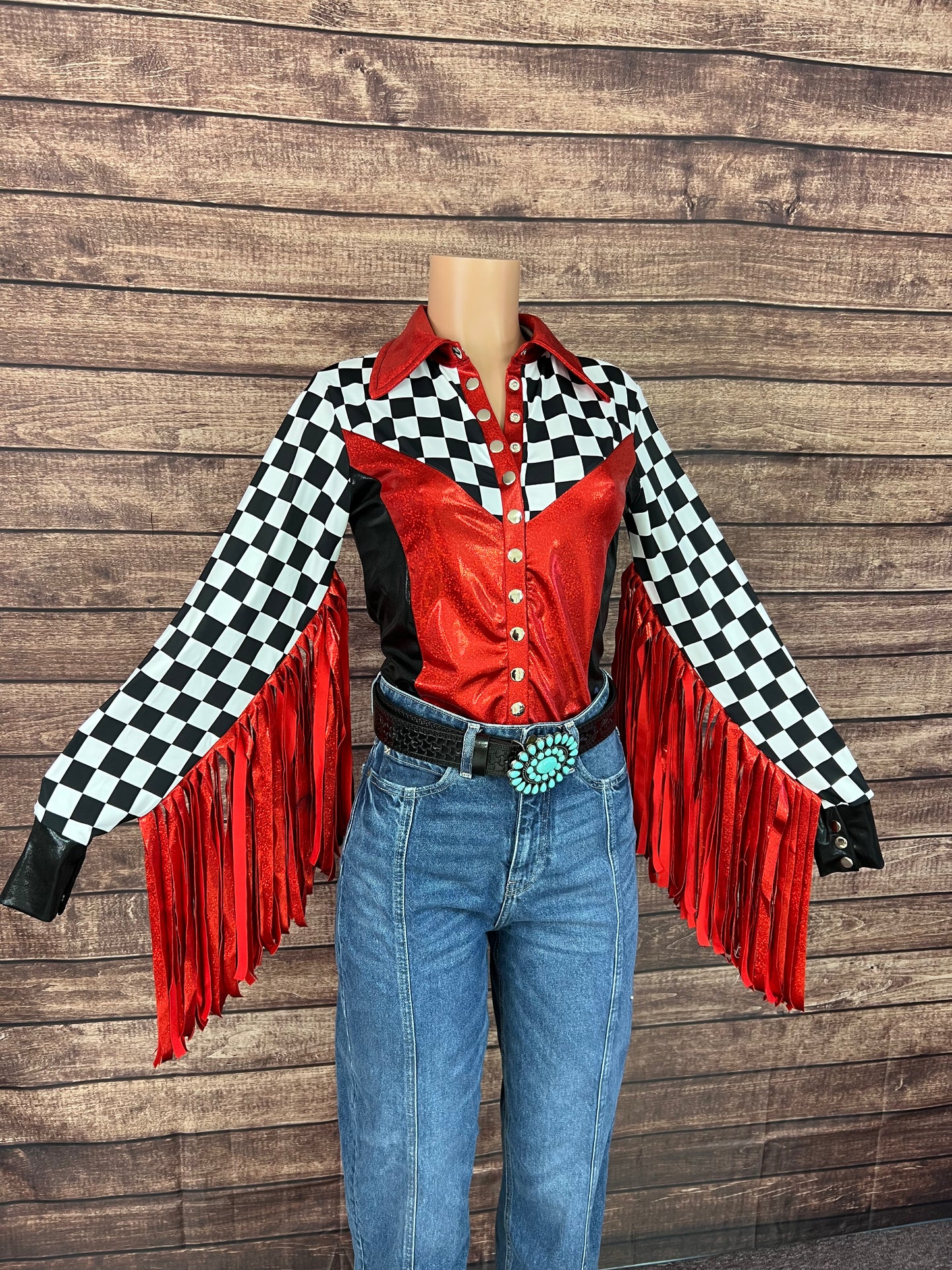 Checks in the Red Snap Front Rodeo Shirt with Thunderbird Fringe