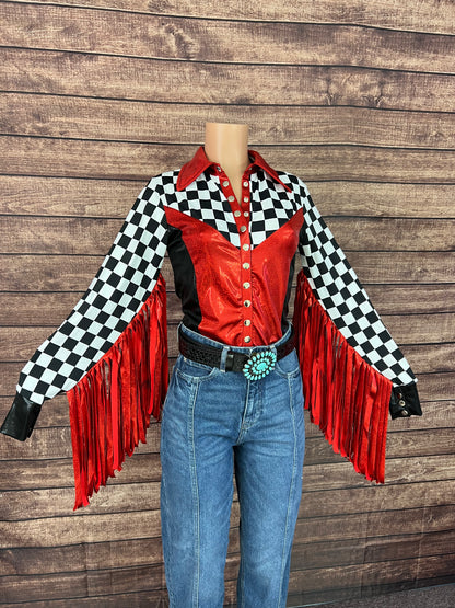 Checks in the Red Snap Front Rodeo Shirt with Thunderbird Fringe