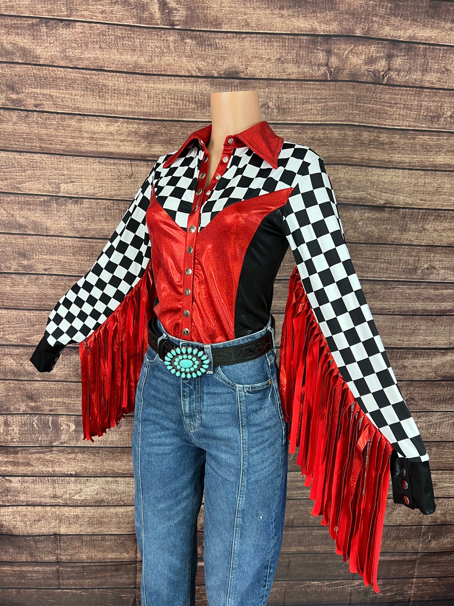 Checks in the Red Snap Front Rodeo Shirt with Thunderbird Fringe