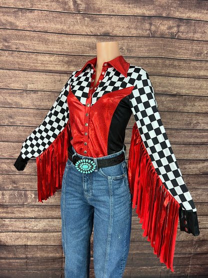Checks in the Red Snap Front Rodeo Shirt with Thunderbird Fringe