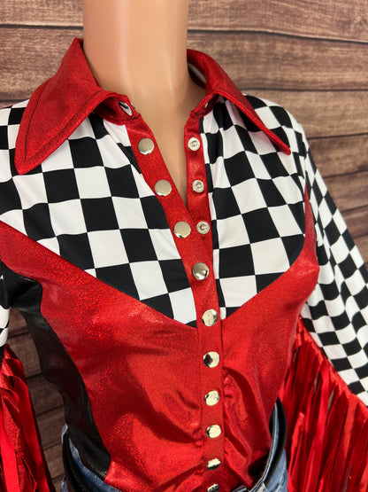 Checks in the Red Snap Front Rodeo Shirt with Thunderbird Fringe