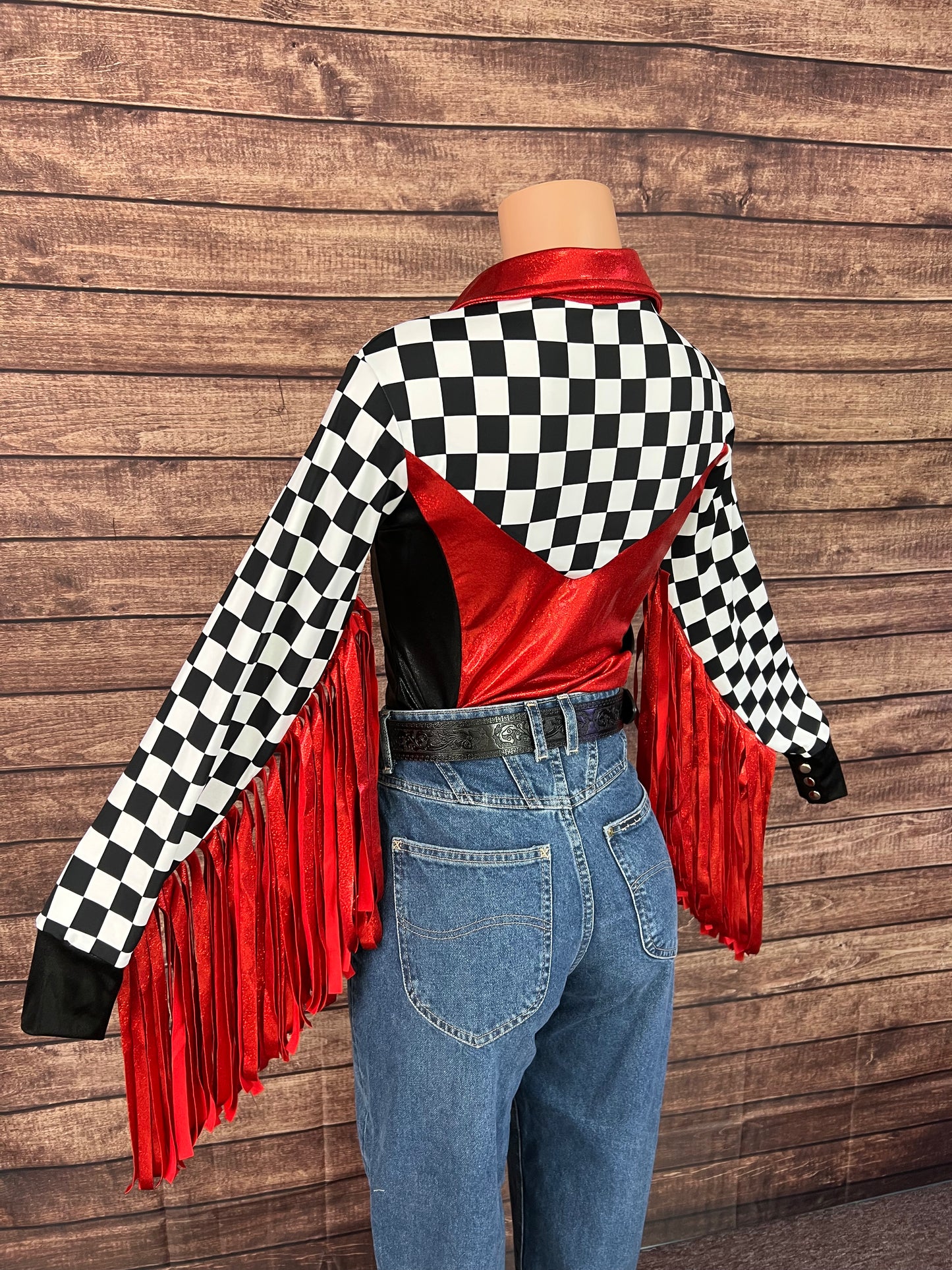 Checks in the Red Snap Front Rodeo Shirt with Thunderbird Fringe