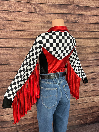 Checks in the Red Snap Front Rodeo Shirt with Thunderbird Fringe
