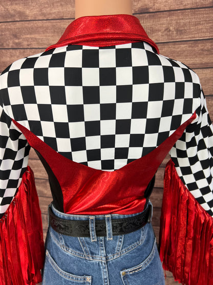 Checks in the Red Snap Front Rodeo Shirt with Thunderbird Fringe