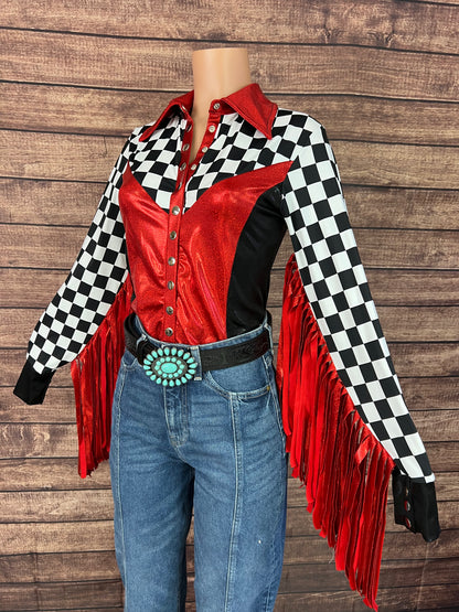 Checks in the Red Snap Front Rodeo Shirt with Thunderbird Fringe