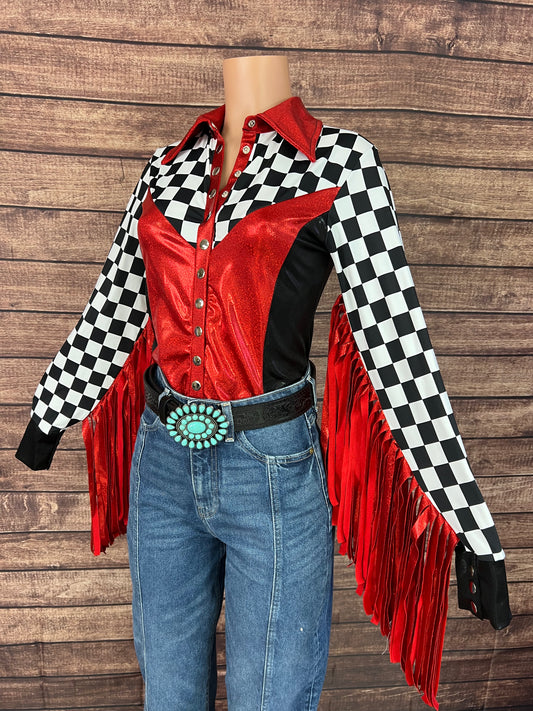 Checks in the Red Snap Front Rodeo Shirt with Thunderbird Fringe