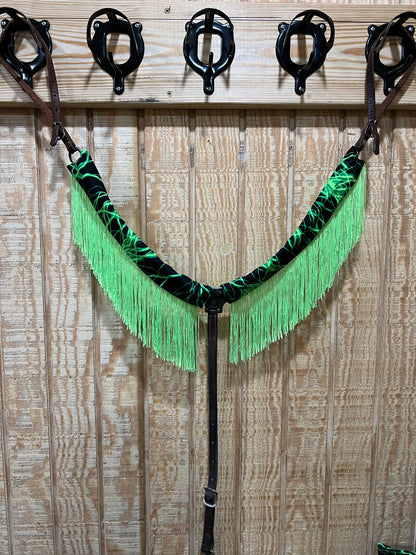 Neon Green Lightning Breast Collar Cover with Chainette Fringe (Covers ONLY)