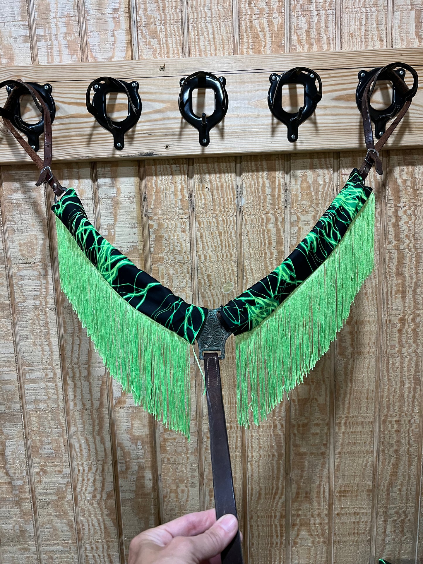 Neon Green Lightning Breast Collar Cover with Chainette Fringe (Covers ONLY)
