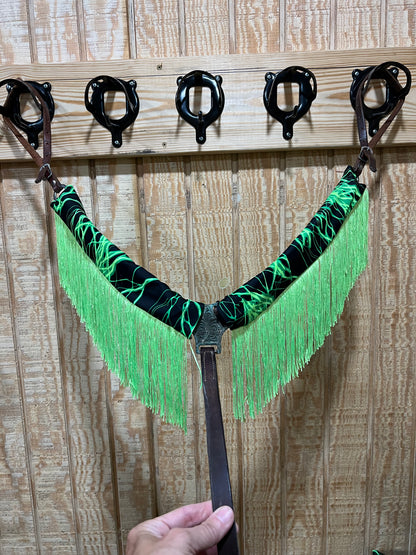 Neon Green Lightning Breast Collar Cover with Chainette Fringe (Covers ONLY)
