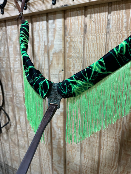 Neon Green Lightning Breast Collar Cover with Chainette Fringe (Covers ONLY)