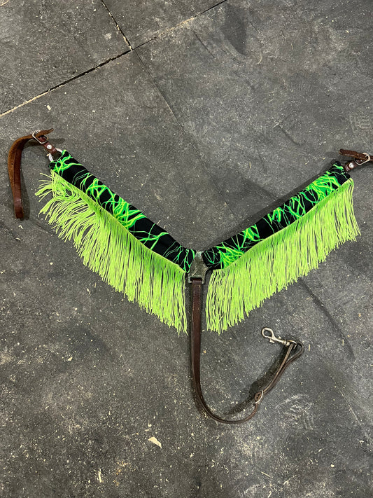 Neon Green Lightning Breast Collar Cover with Chainette Fringe (Covers ONLY)