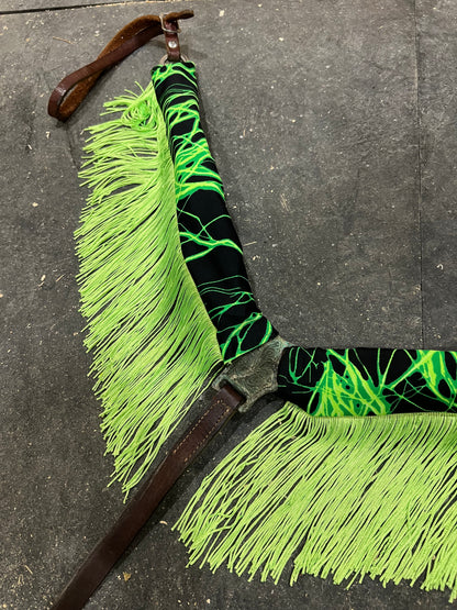 Neon Green Lightning Breast Collar Cover with Chainette Fringe (Covers ONLY)