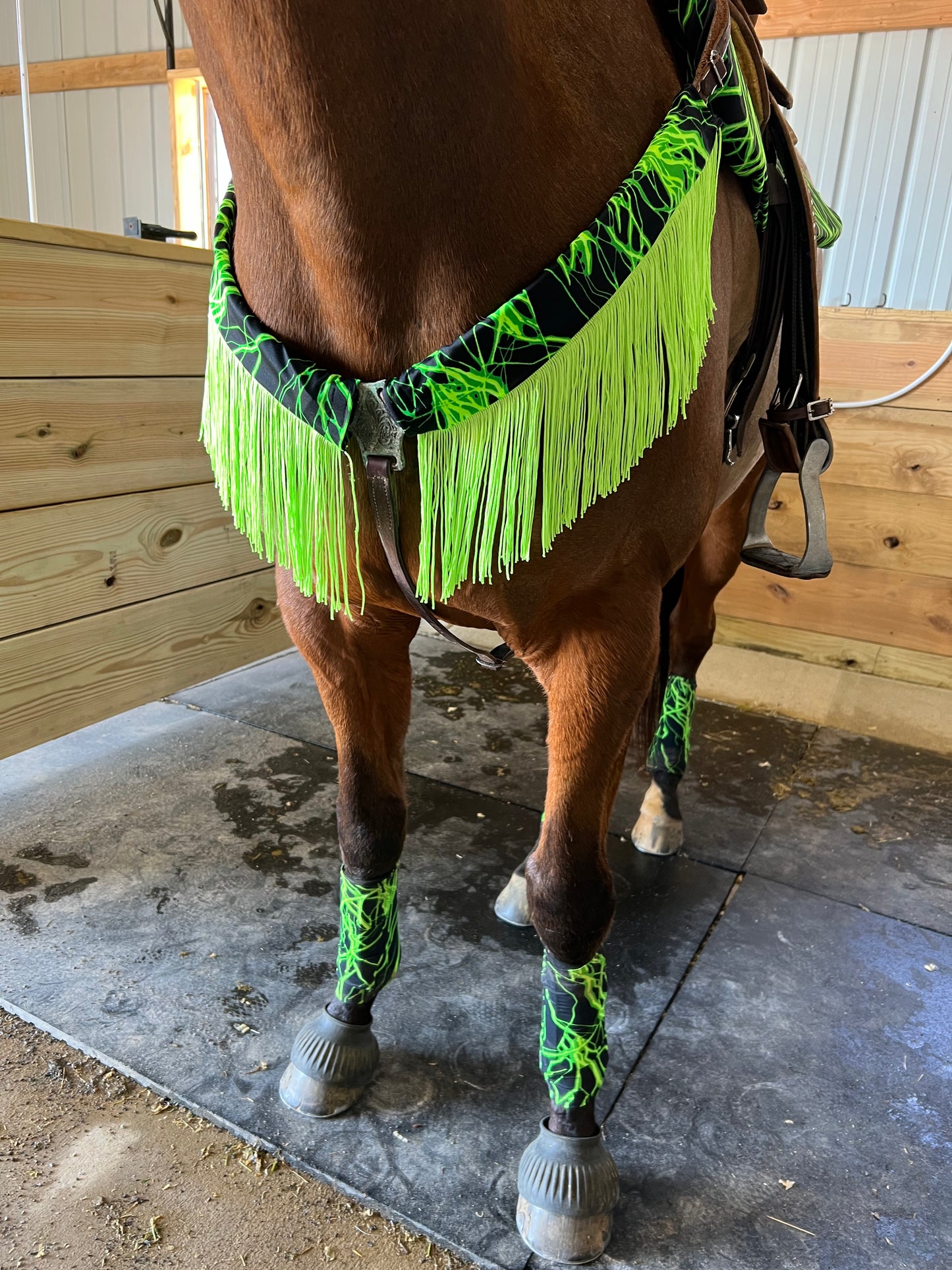 Neon Green Lightning Breast Collar Cover with Chainette Fringe (Covers ONLY)