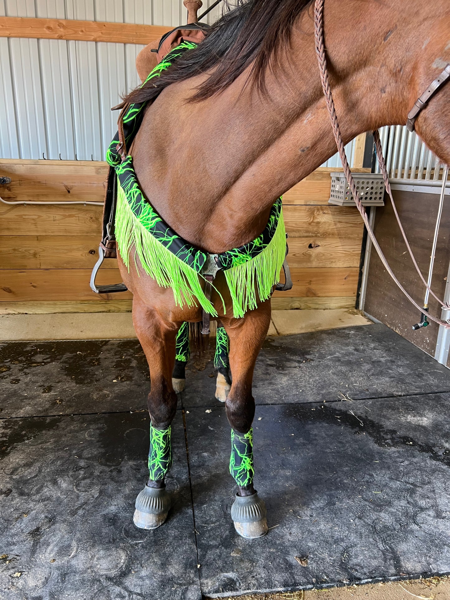 Neon Green Lightning Breast Collar Cover with Chainette Fringe (Covers ONLY)