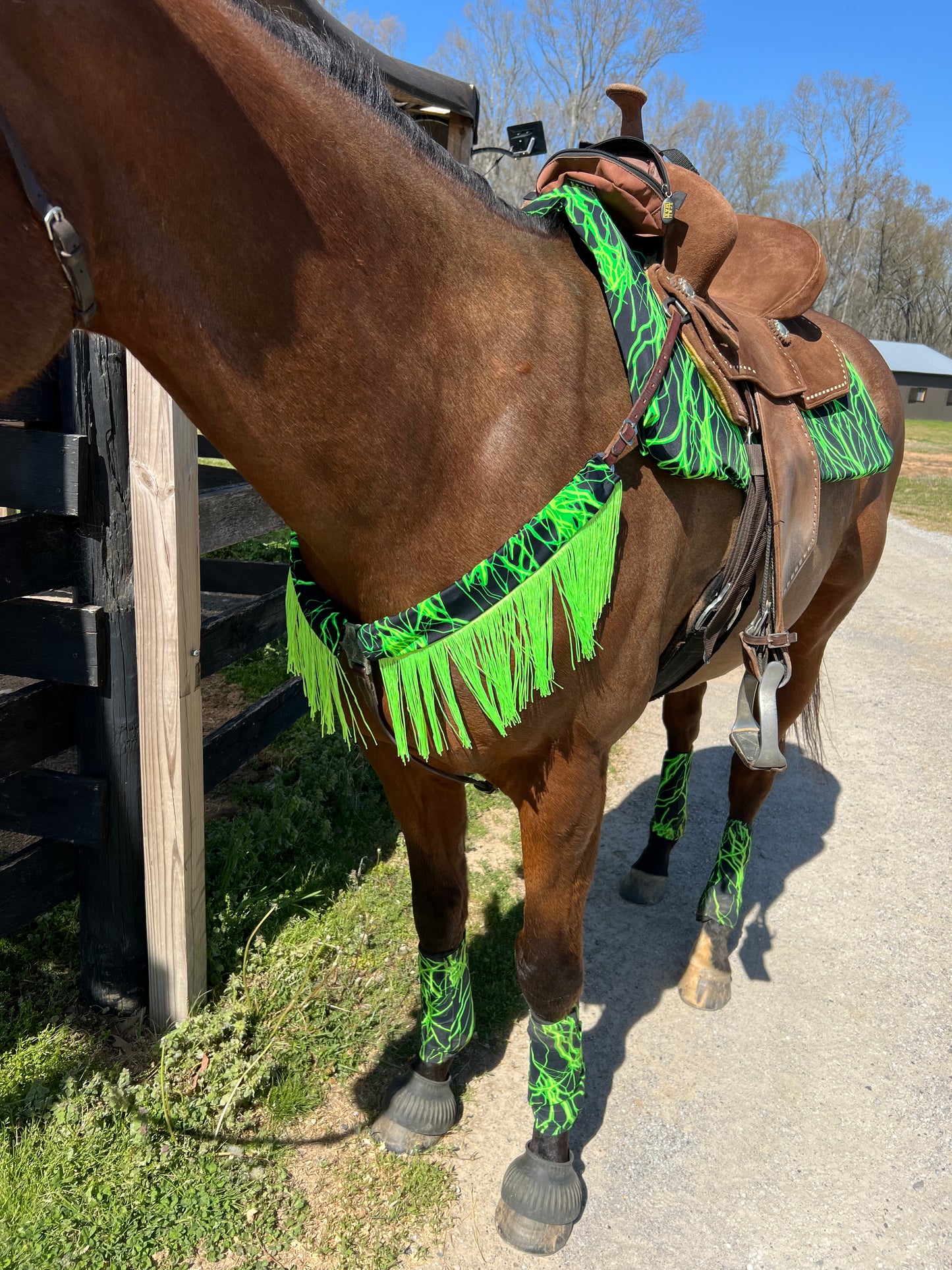 Neon Green Lightning Breast Collar Cover with Chainette Fringe (Covers ONLY)