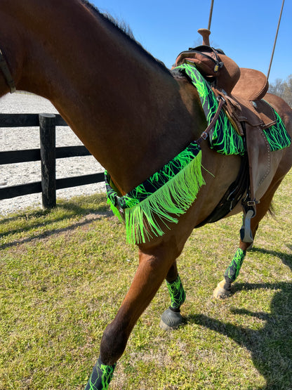 Neon Green Lightning Breast Collar Cover with Chainette Fringe (Covers ONLY)