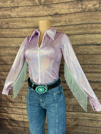 Lilac Sparkle Zipper Front Rodeo Shirt with Silver Fringe